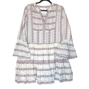 Macy Taylor Cream Purple Floral Tiered Ruffle Sleeve Mini Dress Cotton Rayon